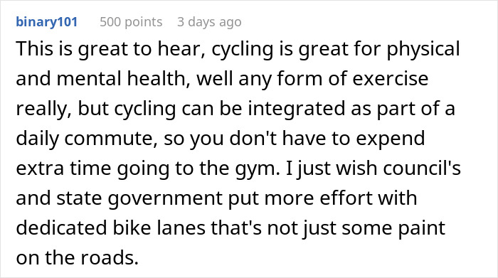 Comment praising cycling for health benefits and advocating for better bike lanes.