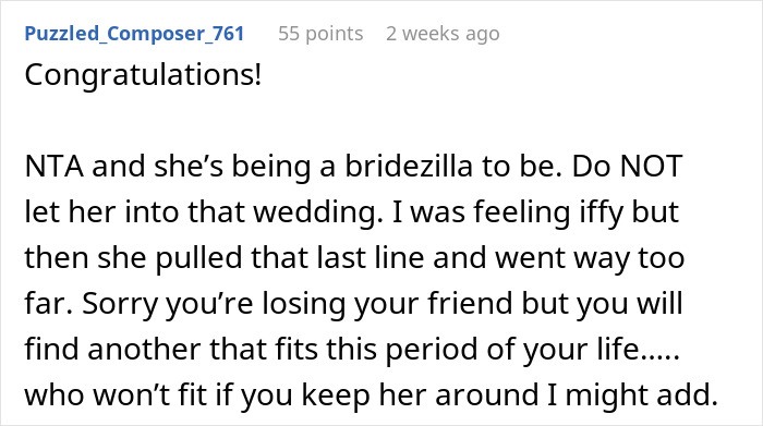 Comment about a best friend causing drama at a wedding, labeled "bridezilla," and advice on rejecting her engagement plans.