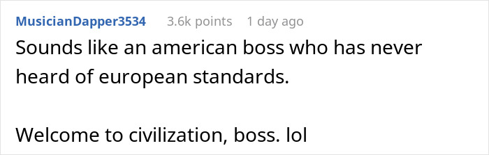Comment satirizing an American boss's reaction to European PTO standards.