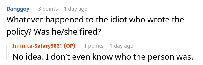 Text exchange discussing compliance with a dumb rule, questioning if the policy writer was fired.