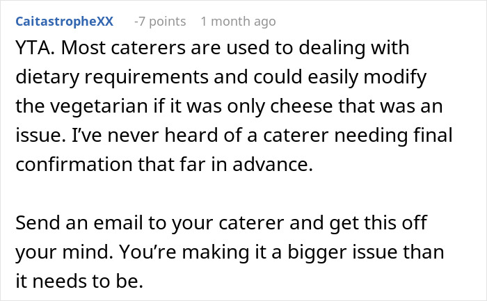 Comment on vegan menu changes for wedding catering.