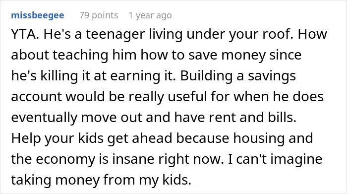 Comment criticizing charging rent to 17-year-old son due to high earnings.