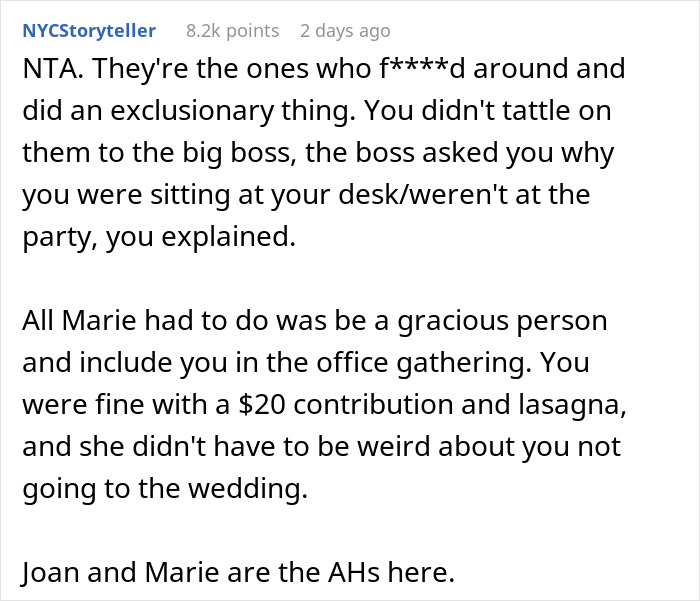 Comment discussing office exclusion and party ban due to mean behavior.