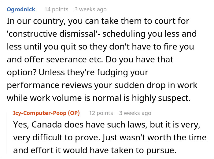 Reddit discussion about dismissal laws and proving constructive dismissal in Canada.