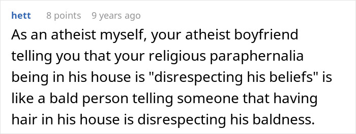 Comment discussing conflict between atheism and religion in a relationship, comparing it to baldness and hair.