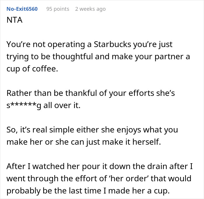 Text exchange about a boyfriend making coffee for his girlfriend, discussing appreciation and effort. Text exchange about a boyfriend making coffee for his girlfriend, discussing appreciation and effort.