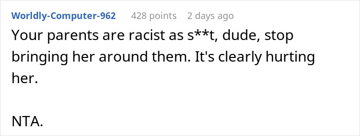 Comment addressing racism towards son's Thai wife, advising to stop exposing her to hurtful behavior.