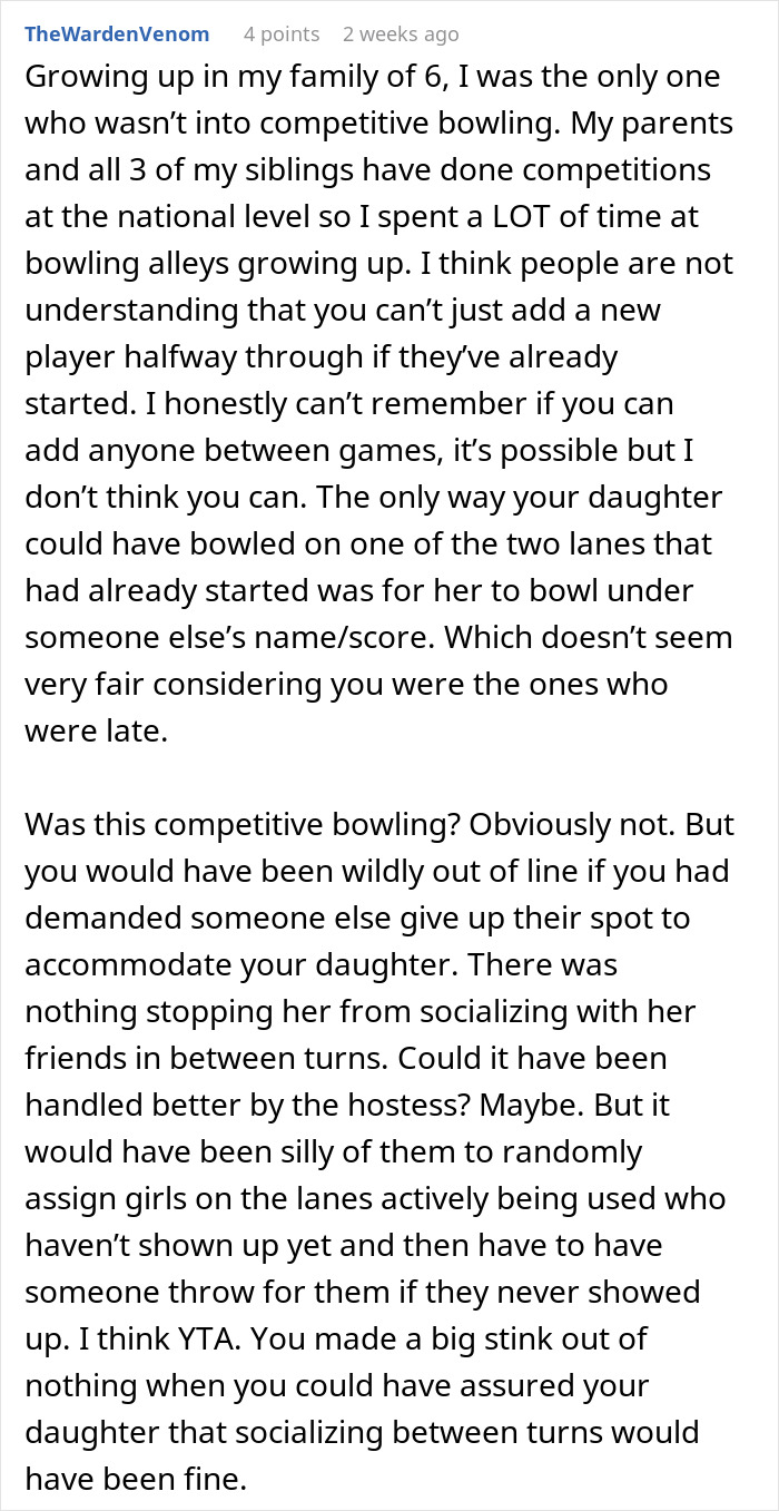 Text from an online discussion about a birthday party and competitive bowling.