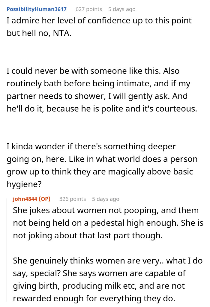 Reddit comments discussing personal hygiene and confidence issues. Reddit comments discussing personal hygiene and confidence issues.