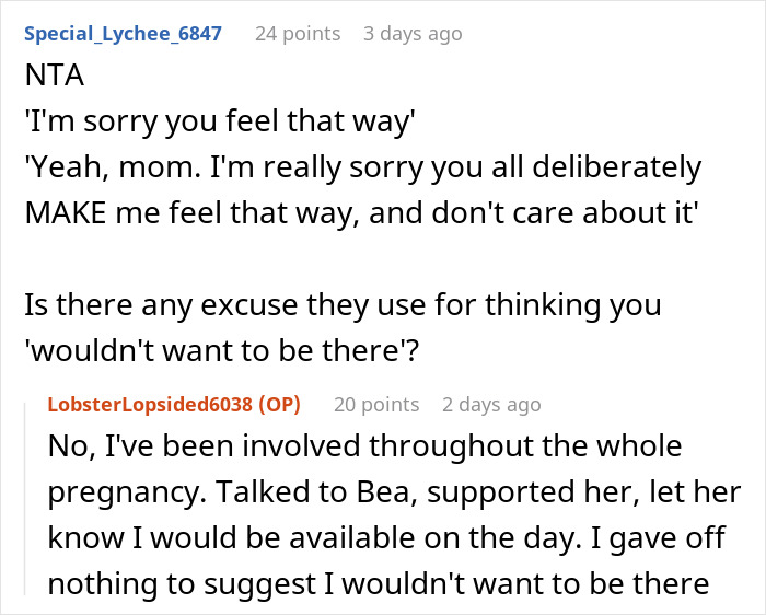 Reddit discussion about feeling excluded by family during sister's baby birth, with users sharing opinions and support.