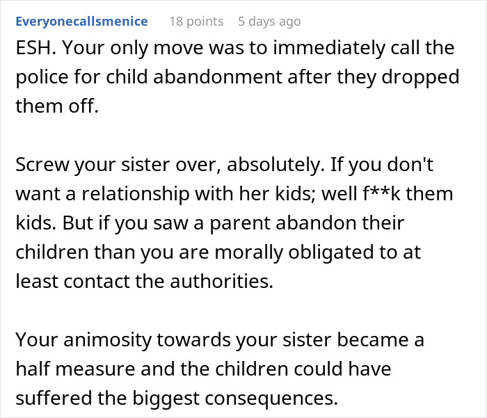 Text comment discussing child abandonment after a woman drops off her kids.