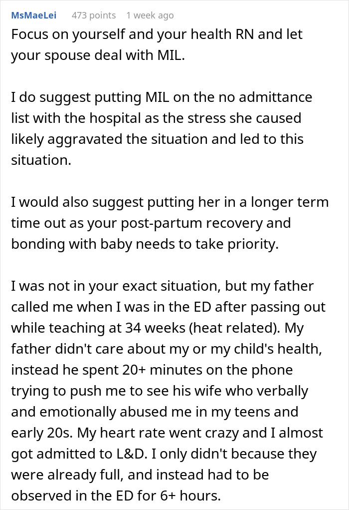 Text advice to pregnant woman in hospital, stressing to limit MIL visits for health reasons.