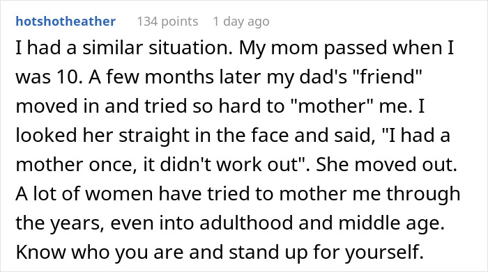 Text screenshot about a teen confronting a step-mom trying to teach about her real mom.