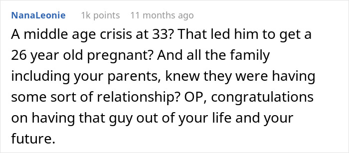Comment discussing a man marrying ex-girlfriend&rsquo;s cousin, mentioning pregnancy and family awareness.