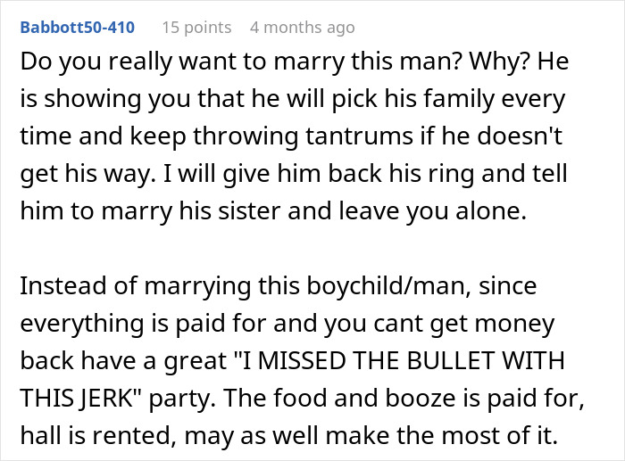 Text from a forum post discussing relationship advice about a woman, her fianc&eacute;, and wedding concerns.