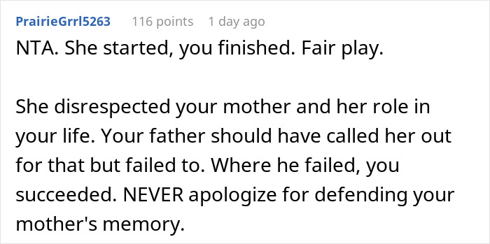 Comment discussing step-mom getting reality check for disrespecting teen's mother.