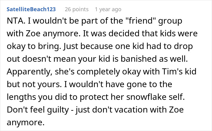 Text discussing a childfree friend being upset about holiday plans involving a child, advising against vacationing with Zoe. Text discussing a childfree friend being upset about holiday plans involving a child, advising against vacationing with Zoe.