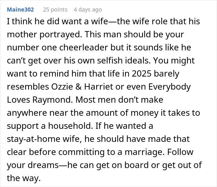 Reddit comment discussing marriage roles and supporting a spouse's career promotion.