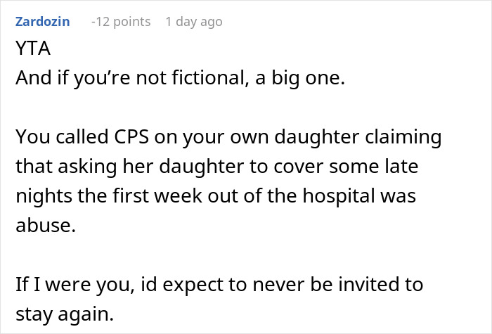 Reddit comment criticizing a mom for calling CPS on her own daughter over late-night newborn care. Reddit comment criticizing a mom for calling CPS on her own daughter over late-night newborn care.