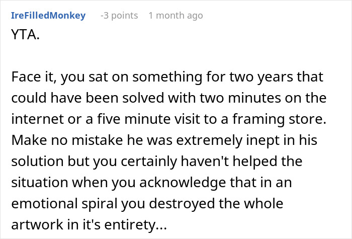 Comment discussing a woman throwing away artwork after her boyfriend attempted to "fix" it.