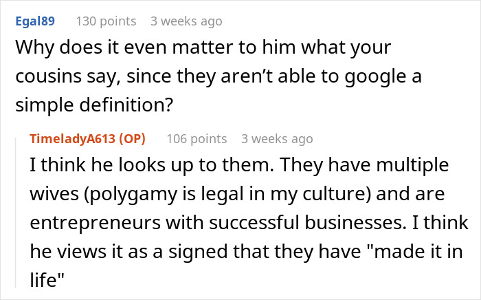 Reddit comment thread about cultural views on polygamy as a status symbol.
