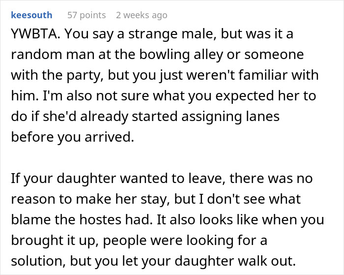 Text from a parenting forum discussing a situation about a daughter leaving a birthday party early due to discomfort.