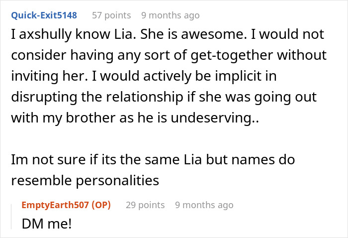 Text conversation discussing a brother's choice to bring his female friend instead of his girlfriend to a wedding.