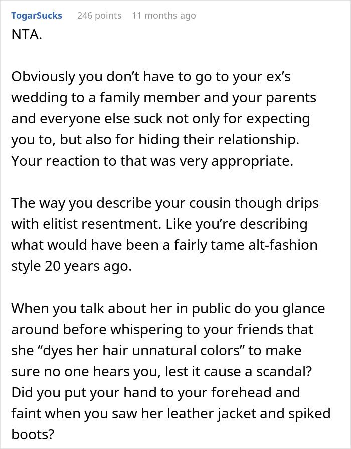 Online comment responding to a situation about a guy marrying his ex-girlfriend's cousin.