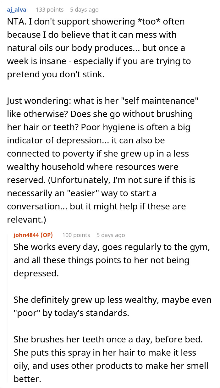 Reddit discussion about a woman's hygiene concerns, mentioning poor hygiene and self-maintenance. Reddit discussion about a woman's hygiene concerns, mentioning poor hygiene and self-maintenance.