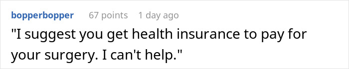 Reddit comment suggesting health insurance for surgery after a sibling's childhood stealing incident.