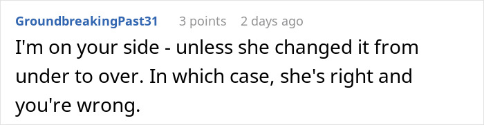 Comment discussing toilet paper roll direction in a humorous context about controlling tendencies. Comment discussing toilet paper roll direction in a humorous context about controlling tendencies.