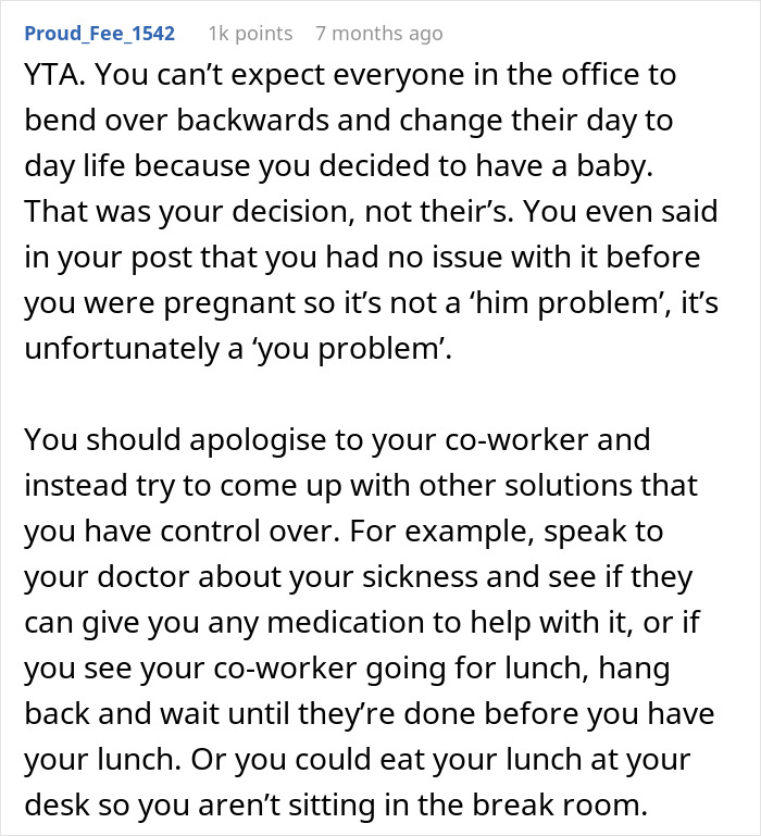 Text discussing a workplace dispute involving a man eating tuna and a pregnant woman who objects.