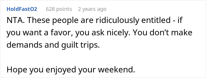 Reddit comment discussing an entitled request for babysitting and refusing demands. Reddit comment discussing an entitled request for babysitting and refusing demands.