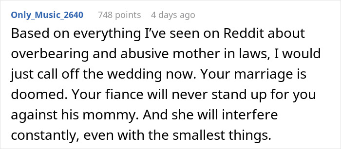 Comment discussing overbearing future in-laws and their interference in a wedding, shared on Reddit.