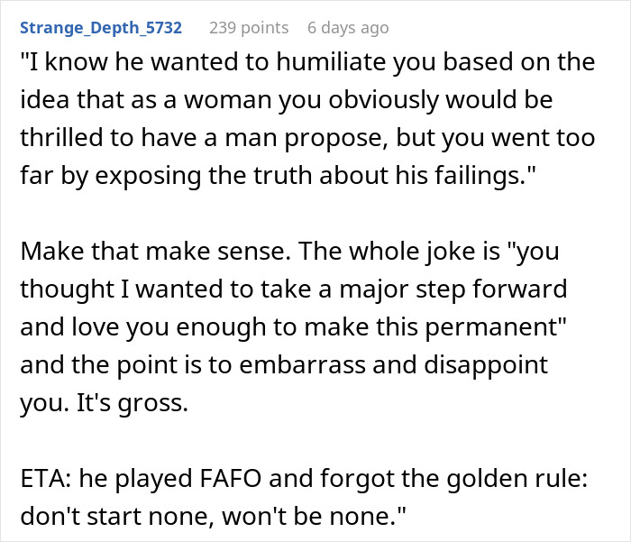 Text from a discussion where a woman criticizes a prank by a 'manchild' for going too far and causing humiliation.