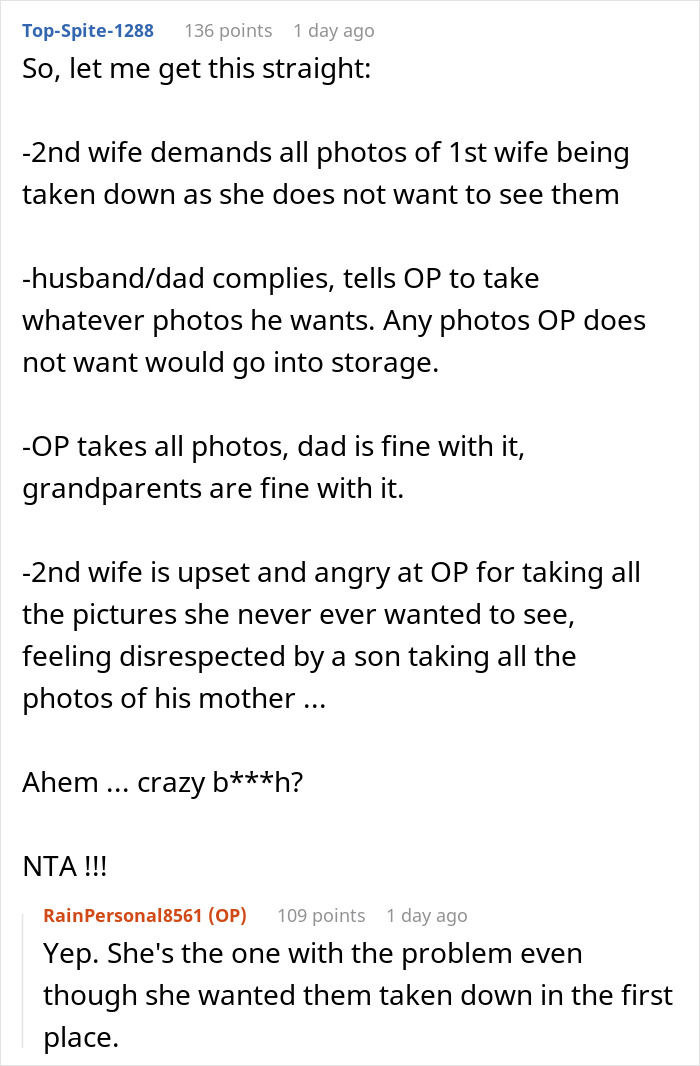A woman wants to remove photos of her husband's late wife; his teen takes them to avoid disposal, causing tension.