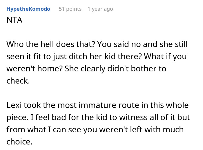 Reddit comment reacting to a woman considering calling police after bro's GF left her kid without permission. Reddit comment reacting to a woman considering calling police after bro's GF left her kid without permission.