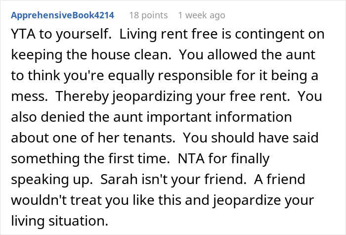 Text from a forum post discussing a best friend trash living situation and its impact on rent and tenant dynamics.
