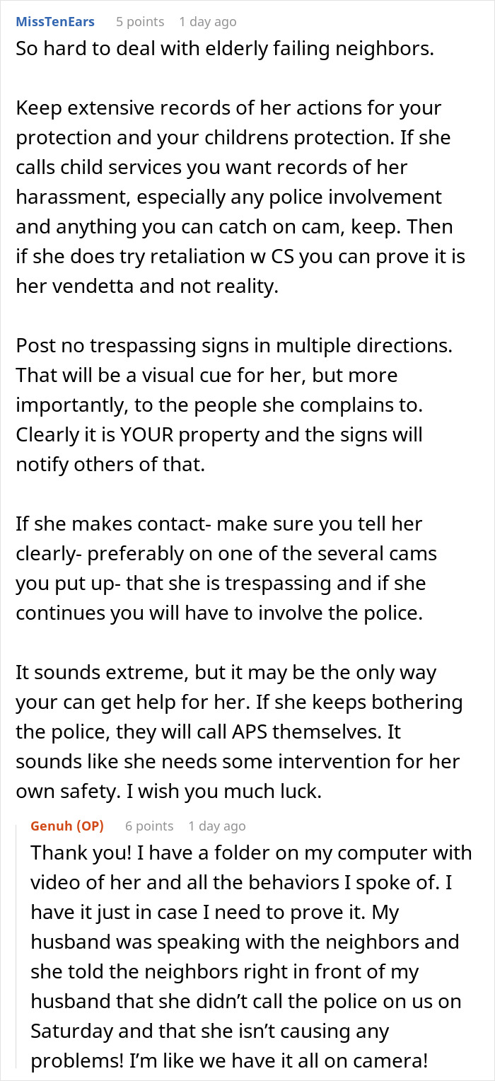 Text exchange discussing neighbor issues and OCD, involving police, property rights, and video evidence for protection.