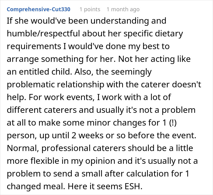 Reddit comment discussing vegan diet dilemma at a wedding menu change request.