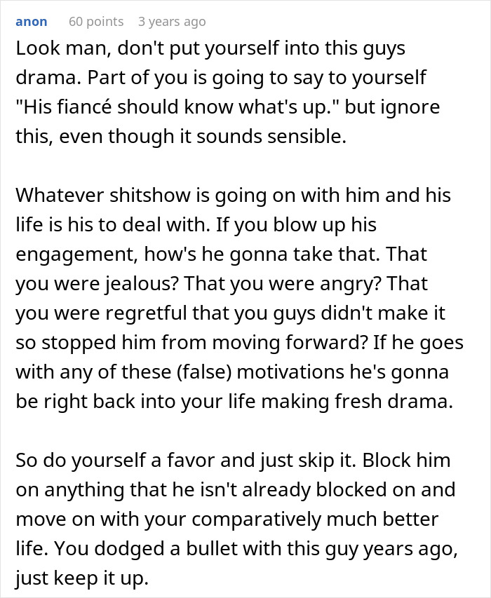 Text comment giving advice about avoiding drama with an ex-boyfriend before his wedding.
