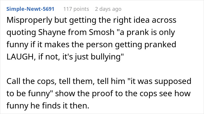 Reddit comment discussing a husband's prank on his wife, referencing bullying and a quote by Shayne from Smosh.