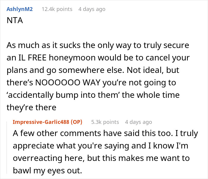 Reddit comments discussing future in-laws ruining a honeymoon plan, with the bride-to-be feeling distressed.