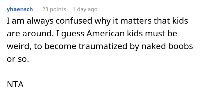 Comment discussing why it matters if kids are present, part of a debate about untying a bikini top at a public pool. Comment discussing why it matters if kids are present, part of a debate about untying a bikini top at a public pool.