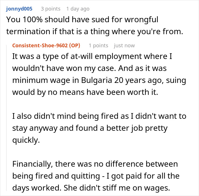 Text conversation about malicious compliance and getting fired from an at-will job in Bulgaria 20 years ago.