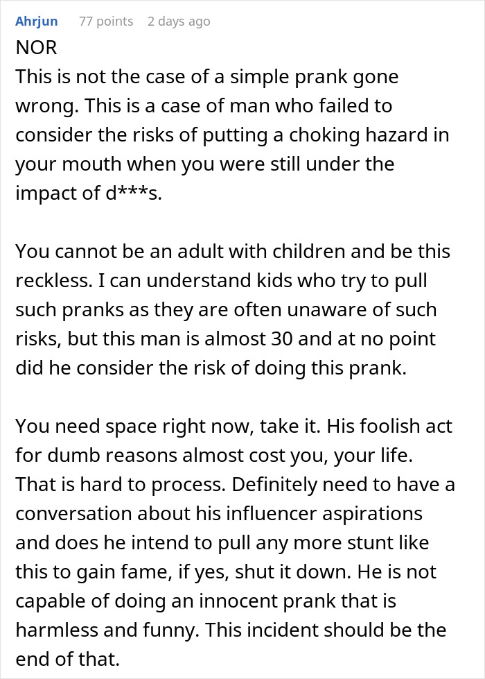 Text discussion on prank risks; highlights how a husband's prank almost turns life-threatening for wife.