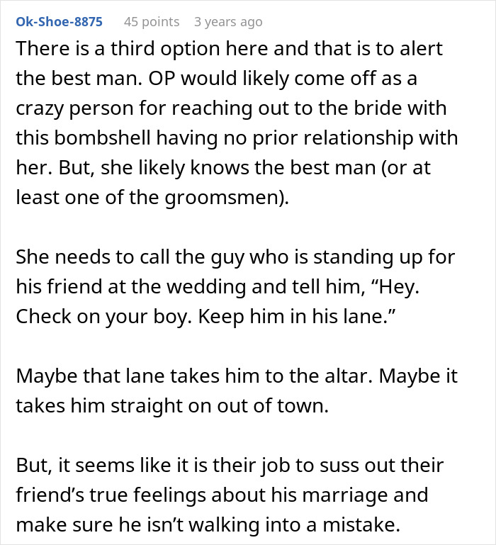Reddit comment discussing a scenario about a drunk man visiting his ex-girlfriend before his wedding and then vanishing.