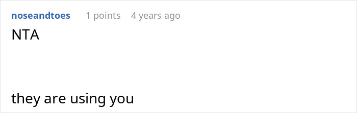 Reddit comment reading "NTA, they are using you" related to babysitting for low pay.