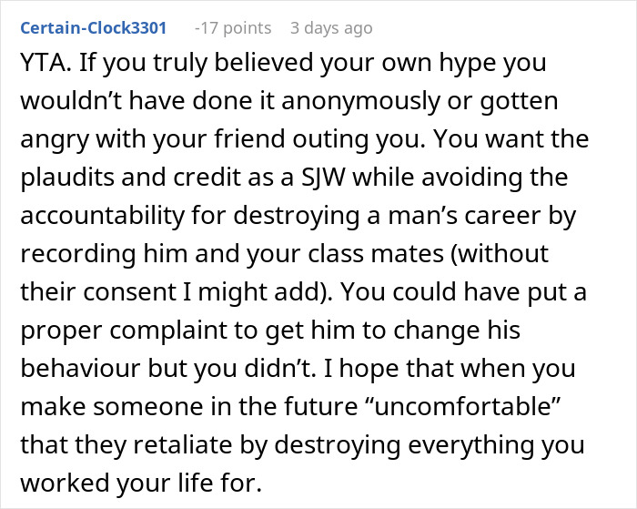 Comment criticizing anonymous recording of professor and its consequences.