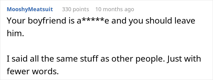 Comment criticizing boyfriend's actions around woman's attachment to baby blanket.